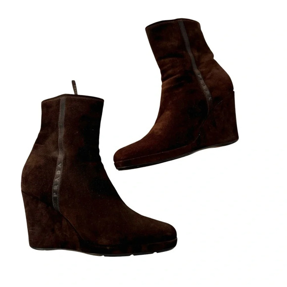 Prada Suede Wedge Boot Logo Side with Zipper Closure Brown Size 40 or US 10 - Picture 2 of 15